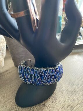 Blue Beaded Cuff Bracelet Wire Wrapped Artisan Made